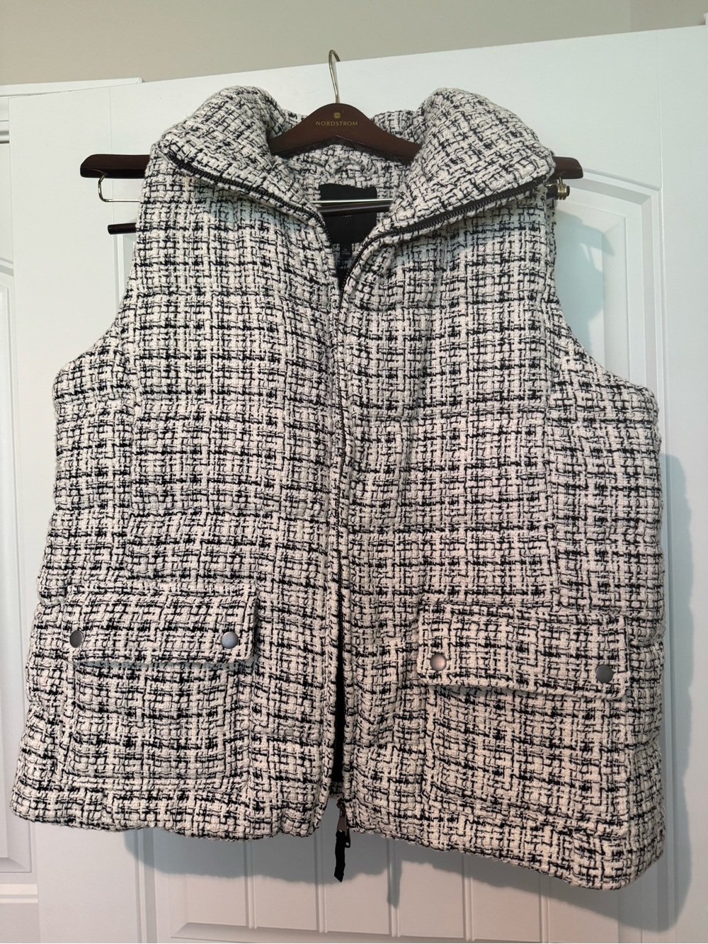 Talbots Black Down Vest with Tweed Trim
